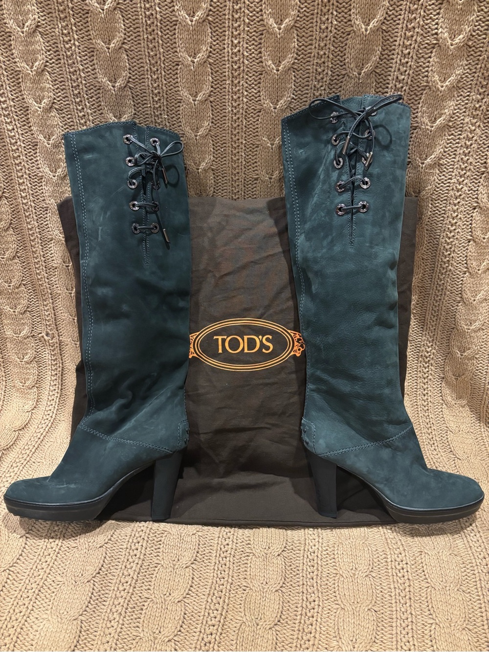 TOD'S Dark Gray Suede Knee-High Lace-Up Block Heel Boots